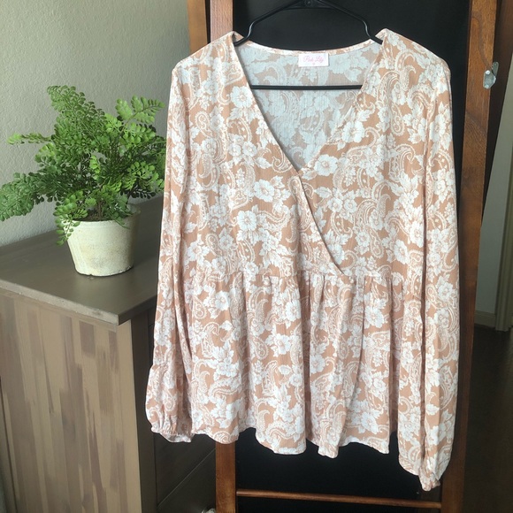 Pink Lily Tops - Pink Lily | Cream Blush Floral Paisley Boho Top